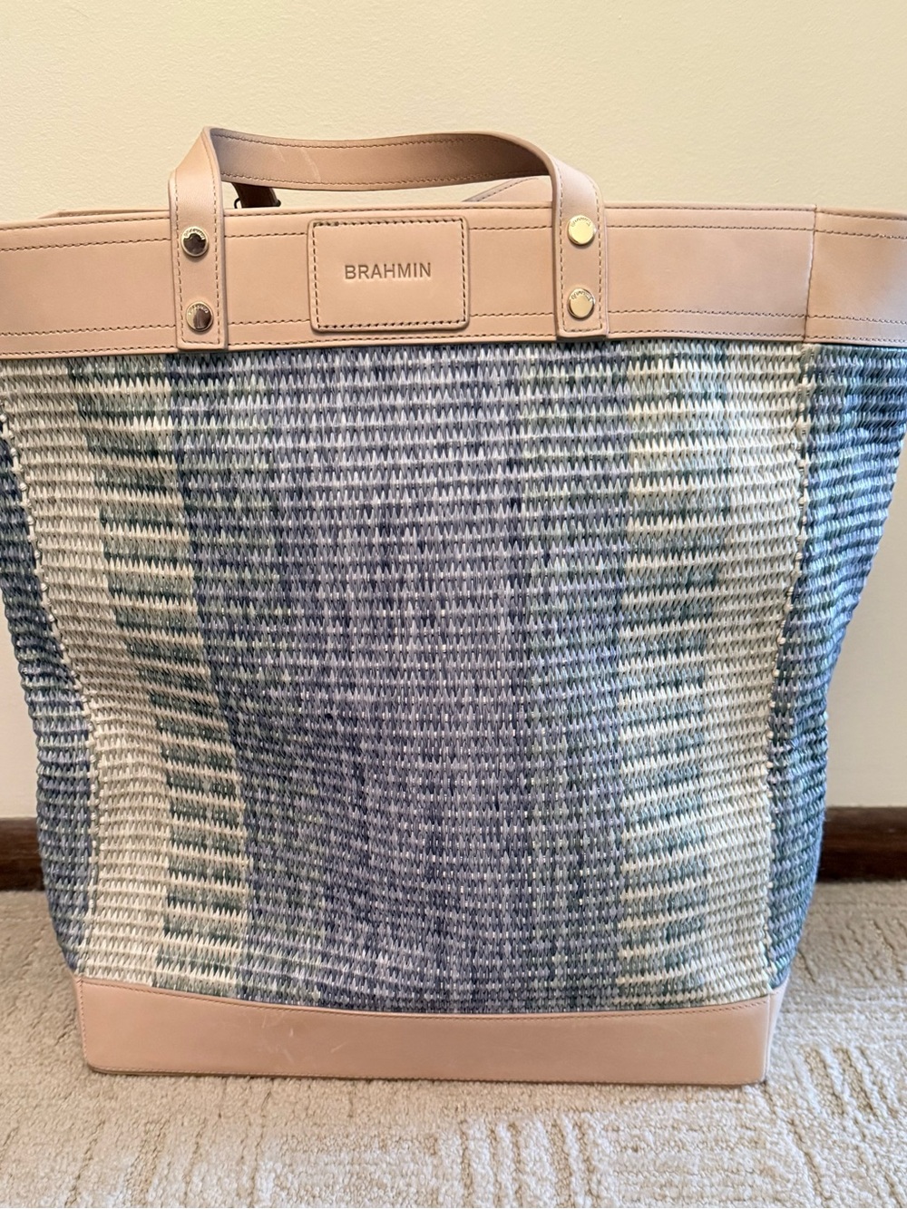 Brahmin Beige Leather & Blue-Gray Woven Tote